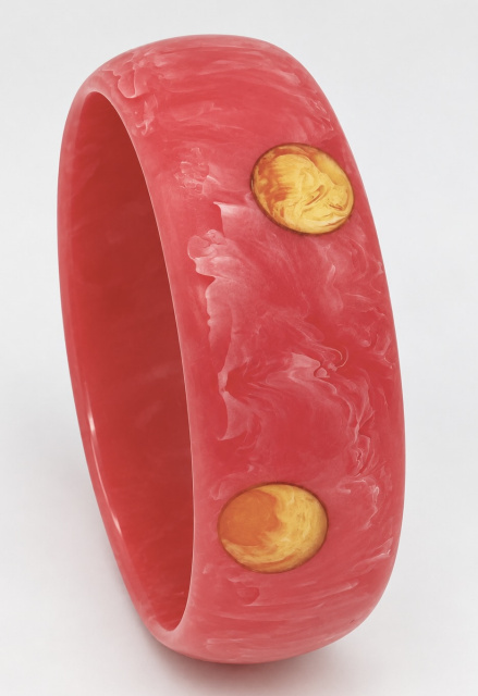 BB317 vintage color restored marbled pink with marbled yellow dots bakelite bangle